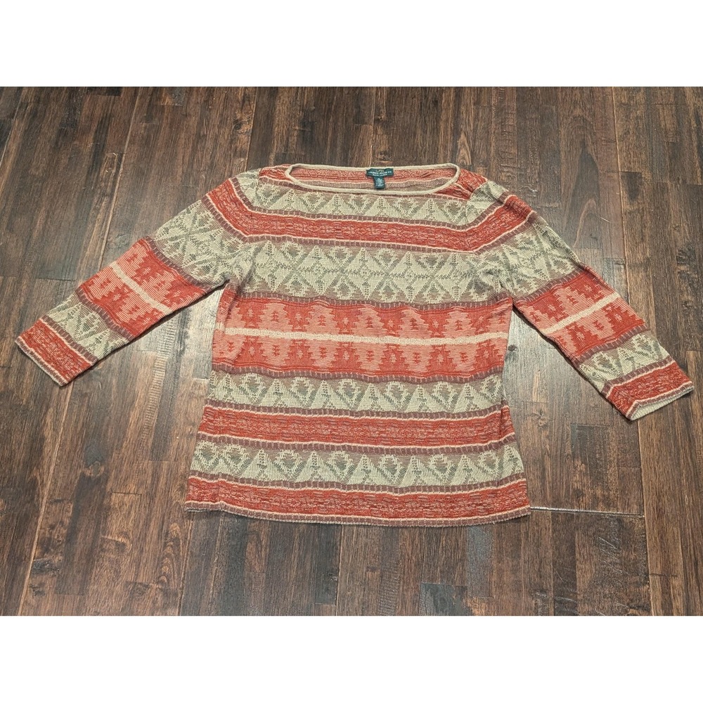 Vintage Lauren Ralph Lauren Linen Sweater Womens L Rust Tan Southwest Knit 3/4